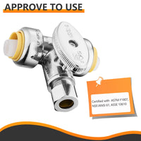 1/2" Push Connect x 1/2" Push Connect x 3/8" OD Compr. Tee Stop Valve, 1/4 Turn (Lead Free)