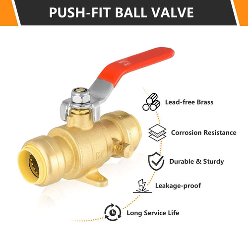 1/2" Push Fit Ball Valve With Drain Drop Ear, Red Lever (Lead Free)