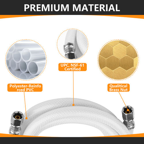 8ft Fridge Ice Maker Water Connector Line, Polyester Reinforced PVC, 1/4" Comp By 1/4" Comp Connection, White