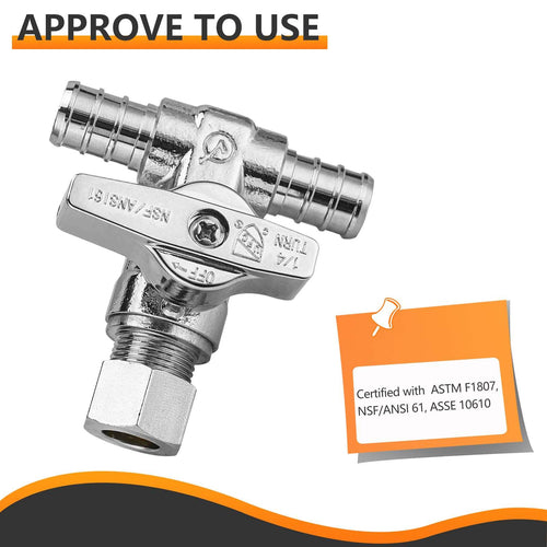1/2" PEX Crimp x 1/2" PEX Crimp x 3/8" OD Compr. Tee Stop Valve, 1/4 Turn (Lead Free) Plumbingsell