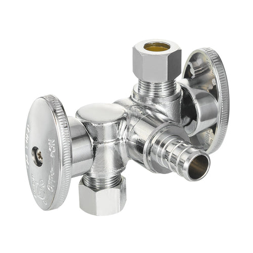 1/2" PEX Crimp x 3/8" OD Compr. x 3/8" OD Compr. Dual Stop Valve, 1/4 Turn (Lead Free)