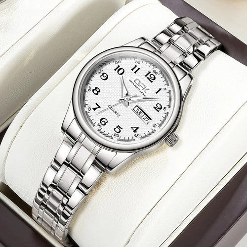 Women's Stainless Steel Blue Dial Watch Dual Calendar