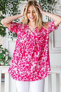 Heimish Full Size Short Sleeve Crisscross Animal Babydoll Top Plus Size