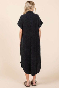 Mittoshop Mineral Wash V Neck Button Up Midi Shirt Dress