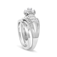 14K White Gold 1.0 Cttw Round and Baguette Diamond Cluster Bridal Set