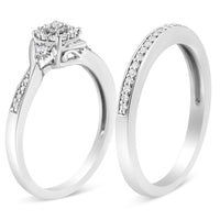 .925 Sterling Silver 1/4 Cttw Diamond Halo and Swirl Engagement Ring and Wedding Band Set (I-J Color, I3 Clarity)- Ring Size 7