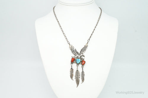 VTG Native American Richard Begay Turquoise Coral Sterling Silver Necklace