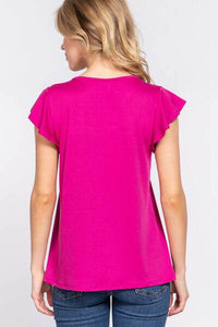 ACTIVE BASIC Ruffle Lace Knit Top with Short Sleeves and Lace Detail