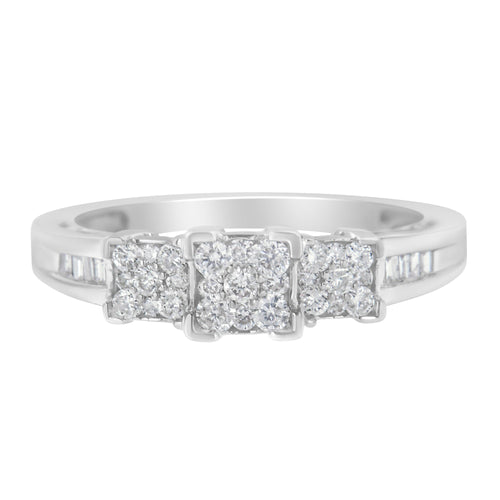 10K White Gold 1/2 Cttw Brilliant & Baguette Cut Diamond 3 Stone Design with 3 Square Clusters Engagement Ring (H-I Color, SI2-I1 Clarity) - Size 6-3/4