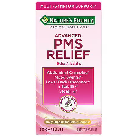 Nature's Bounty Optimal Solutions Advanced PMS Relief For Menstrual Cycle Support; Period Relief; PMS Support Supplement For Women – Chasteberry; Hormone-Free; 60 Capsules