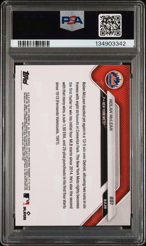 Graded 2025 Topps Now Nolan McLean #651 Rookie RC Baseball Card PSA 10 Gem Mint