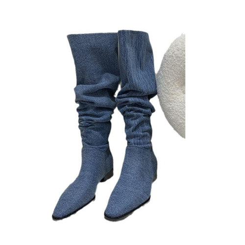 Women’s Denim Knee High Boots - Casual Cowboy Style