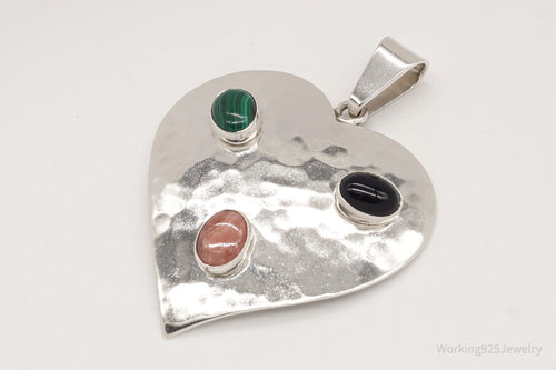 VTG Mexico Large Rhodochrosite Malachite Black Onyx Sterling Silver Pendant