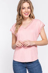 ACTIVE BASIC Lace Trim V-Neck Ribbed Top with Short Sleeves