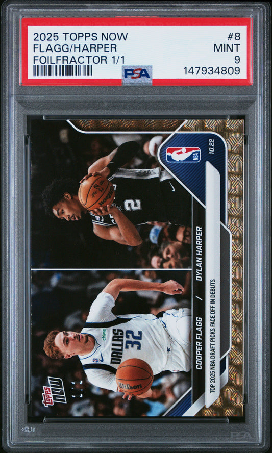 Graded 2025 Topps Now Cooper Flagg/Dylan Harper #8 FoilFractor 1/1 Rookie RC Basketball Card PSA 9 Mint