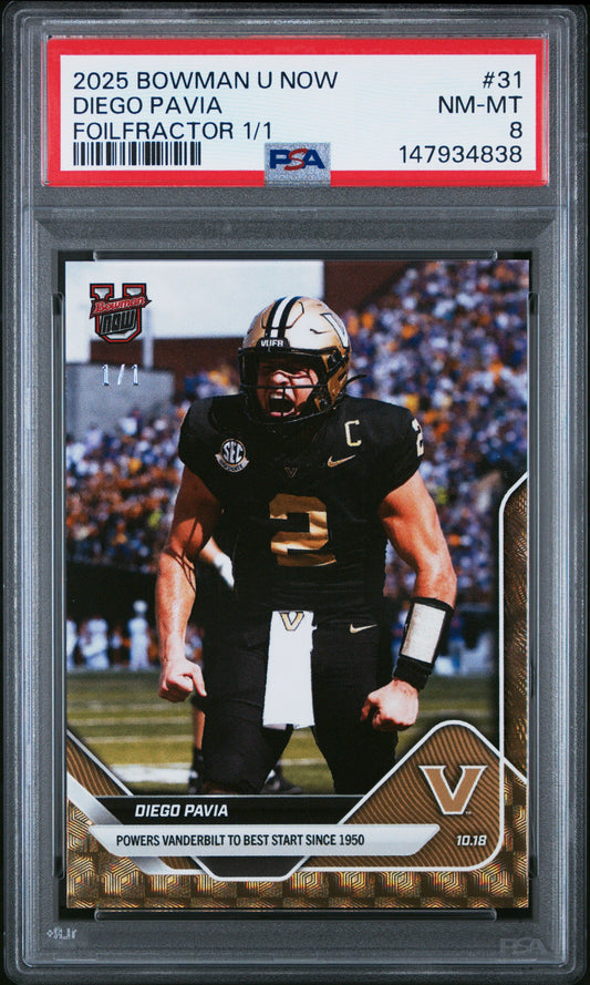 Graded 2025 Topps Bowman U Now Diego Pavia #31 FoilFractor 1/1 Rookie RC Football Card PSA 8 Near Mint