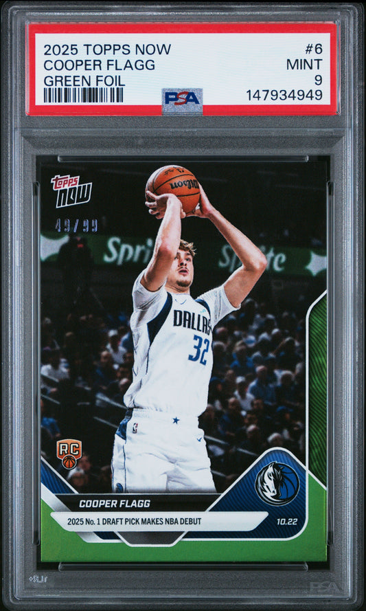 Graded 2025 Topps Now Cooper Flagg #6 Green Foil /99 Rookie RC Basketball Card PSA 9 Mint