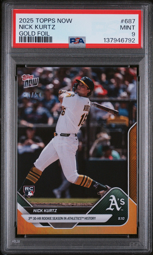 Graded 2025 Topps Now Nick Kurtz #687 Gold Foil /50 Rookie RC Baseball Card PSA 9 Mint