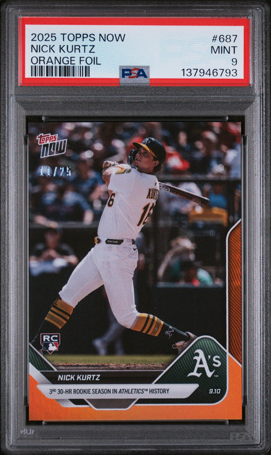 Graded 2025 Topps Now Nick Kurtz #687 Orange Foil /25 Rookie RC Baseball Card PSA 9 Mint