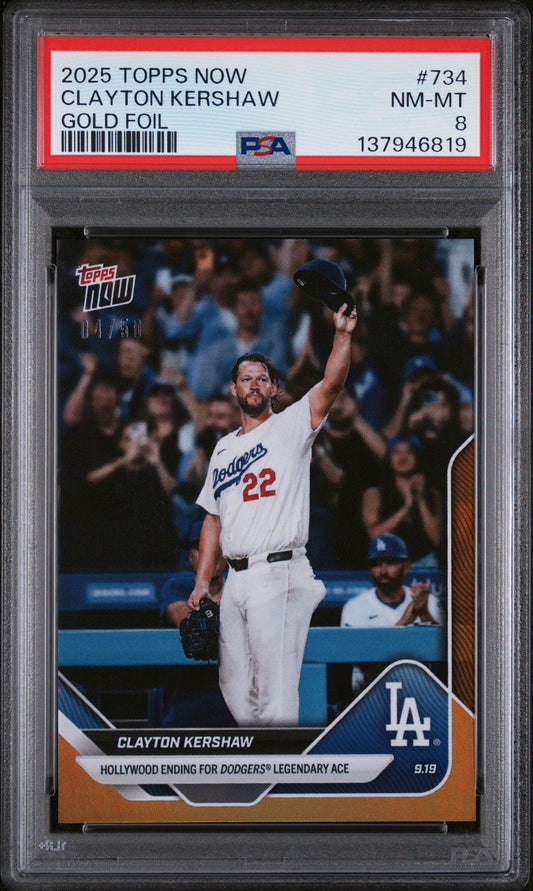 Graded 2025 Topps Now Clayton Kershaw #734 Gold Foil /50 Baseball Card PSA 8 Near Mint