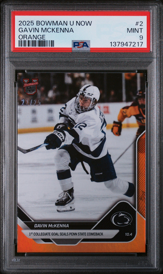 Graded 2025 Topps Bowman U Now Gavin McKenna #2 Orange Foil /25 Rookie RC Hockey Card PSA 9 Mint