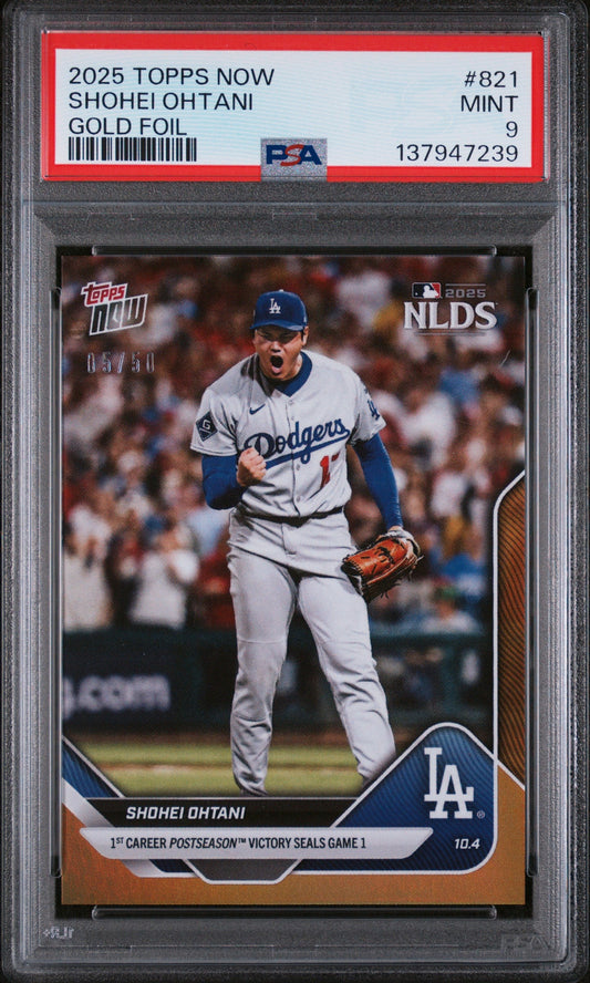 Graded 2025 Topps Now Shohei Ohtani #821 Gold Foil /50 Baseball Card PSA 9 Mint