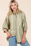 Mittoshop Striped Bubble Sleeve Button Down Shirt