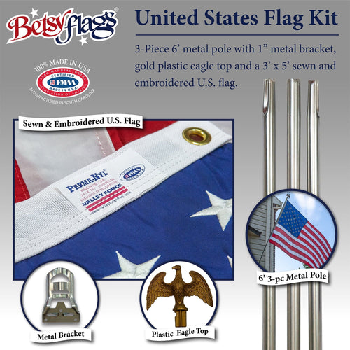 6 ft. Steel Flagpole Betsy Flags American Flag Kit, Sewn Nylon Flag, Grommeted, Silver EasyOptionXY LLC