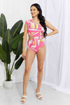 Marina West Pink Cutout Ruffle Swimsuit with Asymmetric Cutout Design