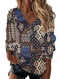 Boho Western V-Neck Long Sleeved Top – Stylish Cowgirl Fashion with Geometric Patterns
