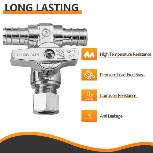 1/2" PEX Crimp x 1/2" PEX Crimp x 3/8" OD Compr. Tee Stop Valve, 1/4 Turn (Lead Free) Plumbingsell
