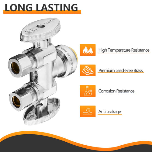 1/2" Push Connect x Dual 3/8" OD Compr. Compr. Straight Stop Valve, 1/4 Turn (Lead Free)