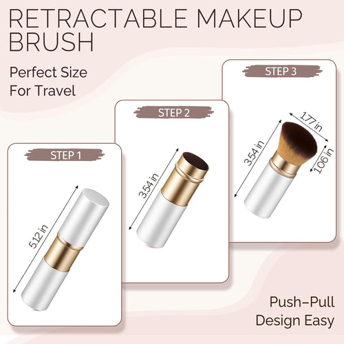 Retractable Kabuki Travel Makeup Brush, All-in-One | Ultra-soft dense bristles for powder, blush & foundation. Protective cap for mess-free travel (Color - White)