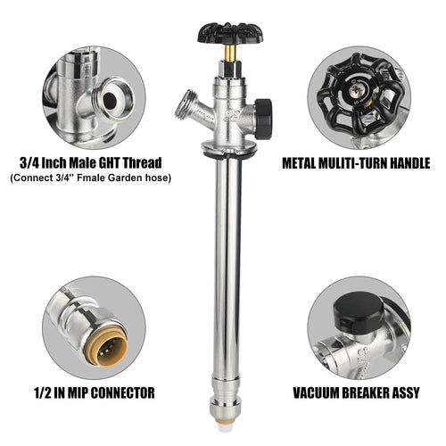 1/2" Push Fit x 3/4" Hose Bibb, 10" Anti Siphon Frost Free Sillcock