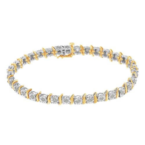 Two-Tone 10K Yellow Gold over .925 Sterling Silver 1.0 Cttw Diamond S-Curve Link Miracle-Set Tennis Bracelet (I-J Color, I3 Clarity) - 7"