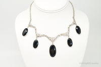 Antique Black Onyx Art Deco Silver Bib Necklace