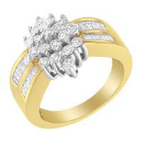 10K Yellow Gold 1.0 Cttw Round & Baguette Cut Diamond Floral Cluster Double-Channel Flared Band Statement Ring (H-I Color, SI2-I1 Clarity) - Size 6-1/2