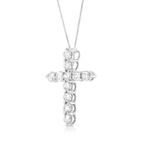 .925 Sterling Silver 1.0 Cttw Prong Set Round-Cut Diamond Cross 18" Pendant Necklace (I-J Color, I2-I3 Clarity)
