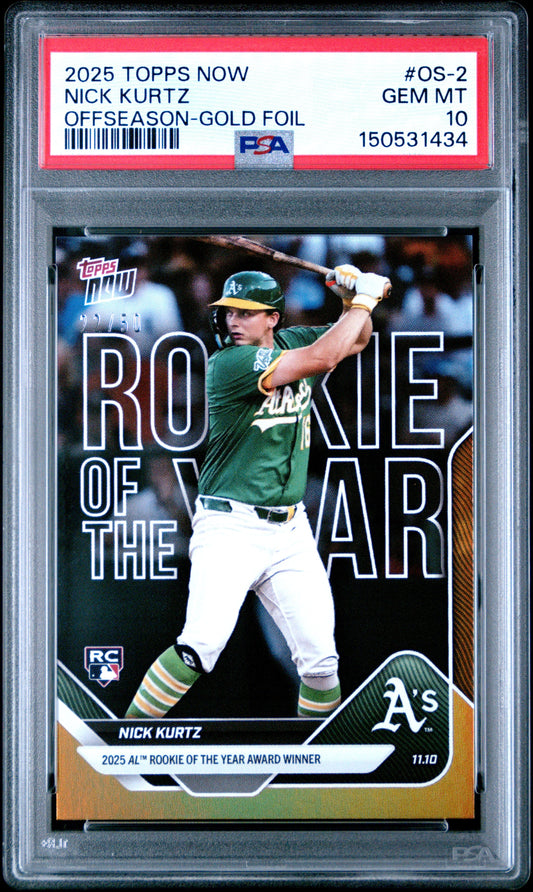 Graded 2025 Topps Now Nick Kurtz #OS2 Offseason Gold Foil /50 Rookie RC Baseball Card PSA 10 Gem Mint