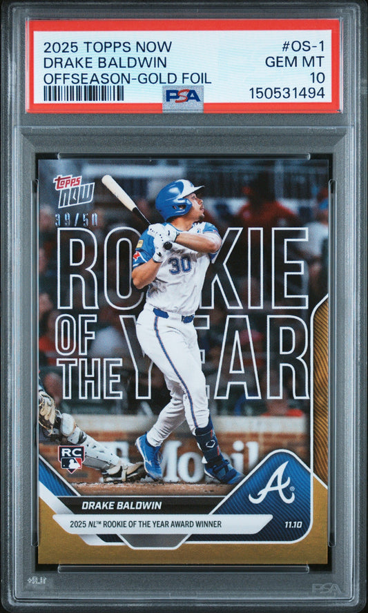 Graded 2025 Topps Now Drake Baldwin #OS1 Offseason Gold Foil /50 Rookie RC Baseball Card PSA 10 Gem Mint