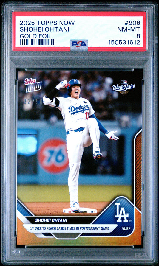 Graded 2025 Topps Now Shohei Ohtani #906 Gold Foil /50 Baseball Card PSA 8 Near Mint