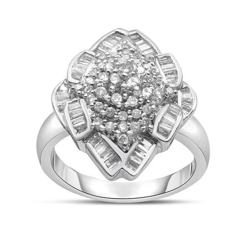 14K White Gold 7/8 Cttw Round and Baguette-Cut Diamond Cluster Ring (H-I Color, SI2-I1 Clarity) - Size 7