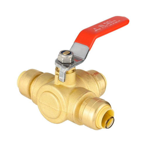 1/2" Push Fit 3 Way Ball Valve, Red Lever (Lead Free)