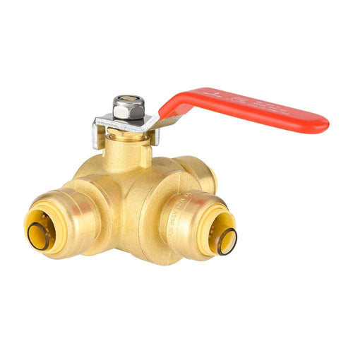 1/2" Push Fit 3 Way Ball Valve, Red Lever (Lead Free)