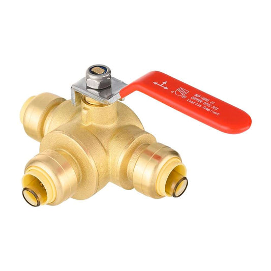 1/2" Push Fit 3 Way Ball Valve, Red Lever (Lead Free)