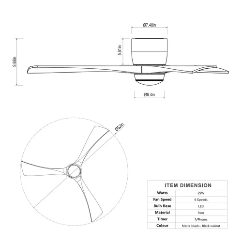 52" Ceiling Fan with Light for Bedroom, 3 Blades, Remote Control