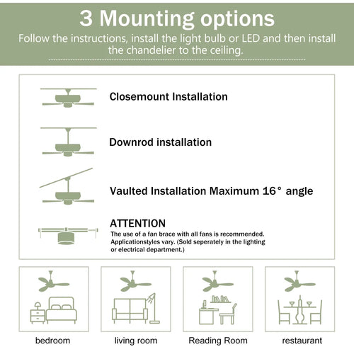 52" Ceiling Fan with Light Modern Design Remote and 6 Speed Options