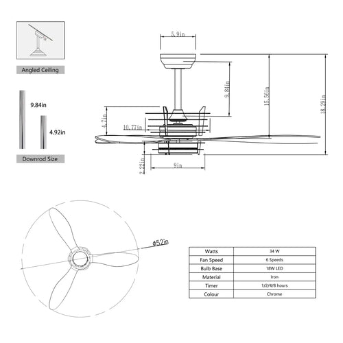 52" Modern Ceiling Fan with Light, 3 ABS Blades, DC Remote Control