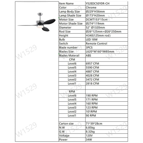 52" Modern Ceiling Fan with Light, 3 ABS Blades, DC Remote Control
