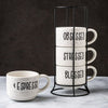 4 8 oz. White and Black Speckled Sentiment Espresso Stoneware Mugs with Rack EasyOptionXY LLC
